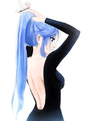 1girl, absurdres, adjusting hair, backless dress, backless outfit, black dress, blue eyes, blue hair, borrowed character, breasts, commentary, dress, english commentary, from behind, hair ornament, hair scrunchie, hand in hair, highres, long hair, long sleeves, medium breasts, minah (chaesu), no bra, original, ponytail, quentin gaschet, scrunchie, solo, white background