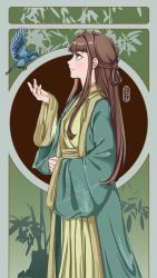 Rule 34 | 1girl, bird, blue bird, blue eyes, blush, brown hair, hand up, highres, lanxi zhen, leaf, li qingning (the legend of luoxiaohei), long hair, long sleeves, lzgthcc, plant, profile, smile, solo, luo xiaohei zhanji, upper body, wide sleeves