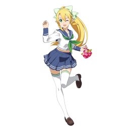 Rule 34 | 10s, 1girl, ;d, blonde hair, blue skirt, bow, collarbone, full body, green bow, hair bow, high ponytail, highres, holding, leafa, long hair, looking at viewer, miniskirt, navel, one eye closed, open mouth, pleated skirt, pointy ears, school uniform, serafuku, shirt, simple background, skirt, smile, solo, standing, sword art online, thighhighs, very long hair, white background, white shirt, white thighhighs, zettai ryouiki