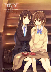 Rule 34 | 2girls, :d, bag, black hair, blush, briefcase, brown eyes, brown hair, checkerboard cookie, coat, collarbone, container, cookie, cover, cover page, food, hair ornament, hairclip, happy new year, holding, holding another&#039;s arm, kyuri, light particles, long hair, merry christmas, multiple girls, necktie, new year, open mouth, original, revision, school bag, school briefcase, school uniform, sitting, sitting on stairs, skirt, smile, stairs, sunlight, sweater, watermark, web address