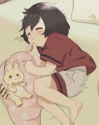 Rule 34 | 1girl, aged down, barefoot, beige shorts, black hair, blouse, blush, bow, bowtie, character doll, child, commentary request, curled up, kaban (kemono friends), kemono friends, no legwear, on bed, red shirt, serval (kemono friends), shirt, short hair, short sleeves, sleeping, solo, stuffed animal, stuffed toy, t-shirt, traditional bowtie, yodaka miy