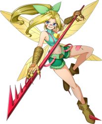 Rule 34 | 1girl, bandai, bell, blonde hair, boots, digimon, digimon new century, fairy, fairy wings, fangs, full body, holding, holding weapon, leg tattoo, long hair, looking away, official art, ponytail, shorts, smile, solo, tattoo, tinkermon, weapon, wings