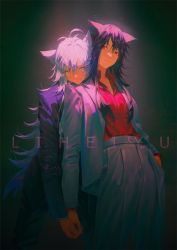 Rule 34 | 2girls, anhei dabai, animal ears, arknights, artist name, black background, black hair, black pants, blue eyes, collared shirt, couple, cowboy shot, dated, dress shirt, flat chest, flipped hair, frown, grey jacket, grey pants, hair between eyes, hand in pocket, head on another&#039;s shoulder, head rest, high-waist pants, holding hands, jacket, lappland (arknights), leaning back, leaning forward, leaning on person, long hair, long sleeves, looking at viewer, looking down, multiple girls, pants, purple jacket, red eyes, red shirt, shirt, silver hair, smile, tail, texas (arknights), wolf ears, wolf tail, yuri
