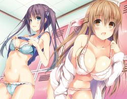 Rule 34 | 2girls, ahoge, black hair, blue bra, blue eyes, blue panties, blush, bra, breasts, brown eyes, brown hair, ceiling, character request, cleavage, clothes lift, collarbone, copyright request, hair ribbon, highres, large breasts, leaning forward, locker, long hair, multiple girls, navel, nozomi tsubame, open clothes, open mouth, panties, ribbon, shirt lift, small breasts, tank top, twintails, underwear, white bra, white panties