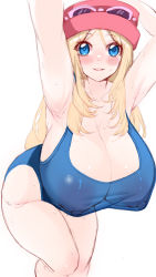 Rule 34 | 1girl, absurdres, armpits, arms up, blonde hair, blue eyes, blush, breasts, cleavage, covered erect nipples, cowboy shot, creatures (company), curvy, game freak, grin, hanging breasts, hat, highres, huge breasts, leaning forward, long hair, looking at viewer, nintendo, pokemon, pokemon xy, puffy areolae, puffy nipples, school swimsuit, see-through, serena (pokemon), simple background, smile, solo, sumisumii, sunglasses, swimsuit, thick thighs, thighs, top hat, wet, wide hips
