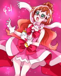 Rule 34 | 1girl, :o, bow, brooch, brown hair, chocokin, cowboy shot, cure flora, dated, gloves, go! princess precure, green eyes, haruno haruka, haruno moe, henshin, jewelry, long hair, magical girl, multicolored hair, pink background, pink bow, pink hair, pink skirt, pink theme, precure, scarf, signature, skirt, solo, sparkle, streaked hair, surprised, transformation, two-tone hair, waist bow, white gloves