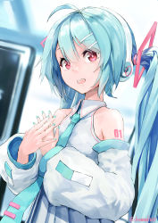 Rule 34 | 1girl, absurdres, ahoge, aqua nails, bare shoulders, blue hair, blue necktie, blurry, blurry background, blush, chamu (chammkue), collared shirt, commentary request, depth of field, detached sleeves, hair between eyes, hair ornament, hairclip, hands up, hatsune miku, headphones, high-waist skirt, highres, long hair, long sleeves, nail polish, necktie, open mouth, own hands together, pleated skirt, puffy long sleeves, puffy sleeves, red eyes, shirt, skirt, sleeveless, sleeveless shirt, solo, tie clip, twintails, very long hair, vocaloid, white shirt, white skirt, white sleeves