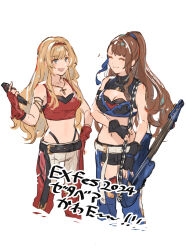 Rule 34 | 2girls, beatrix (granblue fantasy), black gloves, black panties, blonde hair, blue eyes, blue pants, blush, breasts, brown hair, cleavage, cleavage cutout, closed eyes, closed mouth, clothing cutout, commentary request, cowboy shot, crop top, cross, cross necklace, fingerless gloves, gloves, granblue fantasy, guitar, high-waist panties, highres, holding, holding guitar, holding instrument, holding microphone, instrument, jewelry, long hair, looking at another, medium breasts, microphone, midriff, multiple girls, musical note, navel, necklace, open mouth, panties, pants, ponytail, red gloves, red pants, shimatani azu, shirt, sleeveless, sleeveless shirt, smile, spoken musical note, thigh cutout, translation request, underwear, wavy hair, white background, zeta (granblue fantasy), zeta (grand) (granblue fantasy)