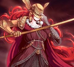 Rule 34 | 1girl, armor, cape, closed mouth, covered eyes, dress, elden ring, gold armor, helmet, highres, holding, holding sword, holding weapon, long hair, malenia blade of miquella, mechanical arms, prosthesis, prosthetic arm, prosthetic leg, red cape, red hair, simple background, single mechanical arm, solo, spiritdraws, sword, very long hair, weapon, winged helmet