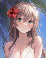 Rule 34 | 1girl, absurdres, ahoge, armpit crease, bare shoulders, bikini, blush, breasts, brown hair, cleavage, closed mouth, collarbone, day, flower, green eyes, hair between eyes, hair flower, hair ornament, halterneck, hibiscus, highres, large breasts, long hair, looking at viewer, original, outdoors, portrait, solo, string bikini, sunlight, swimsuit, upper body, wet, white bikini, yuna (deadawon)