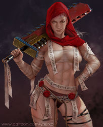 Rule 34 | 1girl, abs, adepta sororitas, chain, chainsword, hand on own hip, holding, holding weapon, hood, looking at viewer, muscular, muscular female, over shoulder, purity seal, sarashi, scar, scar on face, short hair, smile, solo, thick thighs, thighs, warhammer 40k, weapon, weapon over shoulder, ynorka chiu