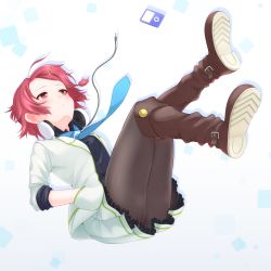 Rule 34 | 10s, 1girl, black pantyhose, black shirt, blazer, blue necktie, blush, boots, brown footwear, cable, closed mouth, digital media player, dress shirt, falling, faubynet, full body, gradient background, hair ornament, hairclip, hand in pocket, headphones, headphones around neck, highres, jacket, knee boots, long sleeves, looking up, md5 mismatch, minase koito, miniskirt, musaigen no phantom world, necktie, pantyhose, pleated skirt, red eyes, red hair, shirt, short hair, skirt, solo, square, star (symbol), star hair ornament, white skirt