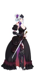 Rule 34 | 1girl, bare shoulders, black dress, blush, breasts, cleavage, dress, edwalda the black princess, embarrassed, flower, full body, game cg, garter straps, hair flower, hair ornament, hair up, holding, holding sword, holding weapon, large breasts, legs, looking at viewer, mole, sagara riri, scarf, simple background, solo, standing, sword, thighhighs, thighs, tokeidai no jeanne: jeanne &agrave; la tour d&#039;horloge, weapon, white background, white hair, yellow eyes