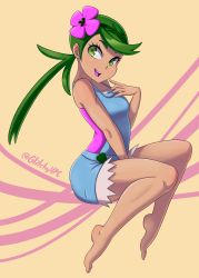 Rule 34 | 1girl, absurdres, barefoot, creatures (company), dark-skinned female, dark skin, female focus, full body, game freak, glitchynpc, green eyes, green hair, highres, legs, looking to the side, mallow (pokemon), nintendo, open mouth, overalls, pink shirt, pokemon, pokemon sm, shirt, simple background, smile, solo, twintails