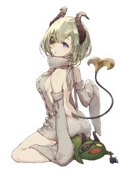 Rule 34 | 1girl, nanashi inc., absurdres, backless outfit, blue eyes, breasts, commentary request, demon tail, detached sleeves, eyepatch, full body, green hair, grey sweater, highres, honey strap, horns, ji no, kappa, looking at viewer, meme attire, sekishiro mico, short hair, sleeves past fingers, sleeves past wrists, solo, sweater, tail, transparent background, turtleneck, turtleneck sweater, virgin killer sweater, virtual youtuber