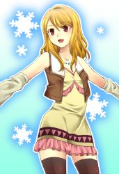 Rule 34 | 10s, 1girl, bad id, bad pixiv id, bare shoulders, blonde hair, brown eyes, brown thighhighs, cropped jacket, detached sleeves, dress, jacket, jewelry, karina lyle, long hair, necklace, nue123, sleeveless, sleeveless dress, snowflakes, solo, thighhighs, tiger &amp; bunny, vest, zettai ryouiki