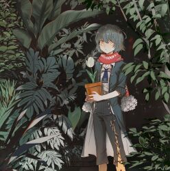 Rule 34 | 1boy, absurdres, black hair, black pants, blue coat, blue necktie, coat, collared shirt, commentary request, drop earrings, earrings, expressionless, feet out of frame, fern, flower, flower pot, highres, hip vent, holding, holding flower pot, jewelry, kome non, leaf, looking at viewer, male focus, mashiro meme, mashiro meme (1st costume), necktie, nijisanji, pants, plant, plant request, red nails, red scarf, scarf, shirt, short hair, short sleeves, solo, standing, suspenders, tree, tulip, two side up, virtual youtuber, white flower, white shirt, white tulip, yellow eyes