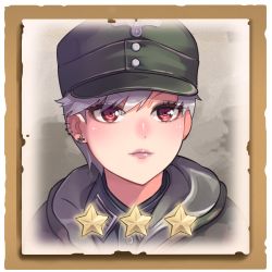 Rule 34 | 1girl, closed mouth, coat, company of heroes, earrings, german army, green hat, hat, jewelry, lips, looking at viewer, lowres, military, military coat, military hat, military uniform, original, purple hair, red eyes, short hair, smile, solo, star (symbol), uniform, world war ii, zhainan s-jun