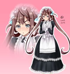 Rule 34 | 1girl, alternate costume, apron, asagumo (kancolle), black dress, brown hair, dress, enmaided, frilled apron, frilled dress, frills, grey eyes, juliet sleeves, kantai collection, long hair, long sleeves, maid, maid apron, maid headdress, pink background, puffy sleeves, tk8d32, twintails, white apron