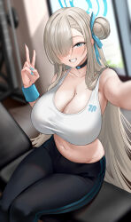 Rule 34 | 1girl, absurdres, asuna (blue archive), black pants, blue archive, blue eyes, blue halo, blue nails, blue ribbon, blurry, blurry background, blush, breasts, cleavage, collarbone, feet out of frame, fingernails, grin, hair over one eye, hair ribbon, halo, highres, jinpaitugounan, large breasts, light brown hair, long hair, looking at viewer, mole, mole on breast, nail polish, navel, pants, ribbon, sitting, smile, solo, sweat, tank top, v, white tank top