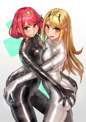 Rule 34 | 2girls, absurdres, ass, ass grab, black gloves, blonde hair, bodysuit, breast press, breasts, elbow gloves, gloves, grabbing another&#039;s ass, groping, highres, hot, kilye kairi, large breasts, latex, latex bodysuit, long hair, multiple girls, mythra (xenoblade), pyra (xenoblade), red eyes, red hair, skin tight, sweat, swept bangs, symmetrical docking, tiara, very long hair, white gloves, xenoblade chronicles (series), xenoblade chronicles 2, yellow eyes