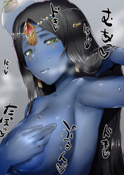 Rule 34 | 1girl, absurdres, bare shoulders, bodypaint, breasts, c-low, covering privates, covering breasts, dark-skinned female, dark skin, fate/grand order, fate (series), forehead jewel, green eyes, grey background, highres, huge breasts, japanese text, large breasts, long hair, looking at viewer, mature female, paint, scheherazade (fate), simple background, sweat, upper body
