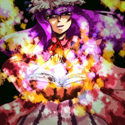 Rule 34 | 1girl, book, discharge cycle, female focus, hat, long hair, patchouli knowledge, purple eyes, purple hair, solo, tobi (discharge cycle), touhou