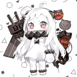 Rule 34 | 10s, 1girl, abyssal ship, ahoge, arm up, colored skin, dress, horns, kantai collection, long hair, looking at viewer, lowres, machinery, mittens, nekometaru, northern ocean princess, red eyes, solo, white dress, white hair, white skin