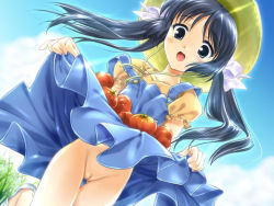 Rule 34 | 1girl, :d, blue eyes, blue hair, blush, clothes lift, cloud, day, dutch angle, game cg, hair ribbon, hat, matching hair/eyes, midorigafuchi, mishima seri, mizui kaou, no panties, open mouth, pussy, ribbon, skirt, skirt basket, skirt lift, sky, smile, solo, straw hat, thigh gap, thighs, third-party edit, tomato, twintails, uncensored