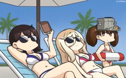 Rule 34 | 3girls, beach umbrella, bikini, black hair, blonde hair, blue eyes, blue sky, book, breast envy, brown eyes, brown hair, chair, commentary request, dated, day, feet out of frame, flat chest, hair between eyes, hamu koutarou, highres, innertube, kaga (kancolle), kantai collection, long hair, lounge chair, lying, mole, mole under eye, multiple girls, one-hour drawing challenge, outdoors, palm tree, reading, red bikini, richelieu (kancolle), ryuujou (kancolle), shade, side ponytail, sky, sunglasses, swim ring, swimsuit, tree, twintails, umbrella, visor cap, white bikini, x navel