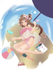 Rule 34 | 1girl, :p, absurdres, animal ears, arknights, ball, bare legs, barefoot, beachball, bikini, breasts, bridal garter, brown hair, commentary request, crab, eyjafjalla (arknights), eyjafjalla (summer flower) (arknights), flower, food, hair flower, hair ornament, hand up, highres, holding, holding food, horns, infection monitor (arknights), long hair, looking at viewer, medium breasts, off-shoulder bikini, off shoulder, official alternate costume, pink bikini, pink eyes, pink flower, plaid, plaid bikini, popsicle, qiyueban, sheep ears, sheep horns, solo, swimsuit, thighs, tongue, tongue out, very long hair