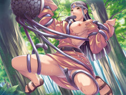 Rule 34 | 1girl, bare shoulders, bdsm, belt, black hair, blush, bondage, bound, breast slip, breasts, circlet, day, dragon quest, dragon quest dai no daibouken, dress, eye contact, eyeball, feet, fellatio, forehead jewel, forest, gem, green eyes, grey hair, headband, large breasts, leaf, long hair, long sleeves, looking at another, merle (dai no daibouken), merle (dragon quest dai no daibouken), meruru, monster, nature, nipples, no bra, off shoulder, one breast out, oral, orange dress, outdoors, panties, pantyshot, penis, penis tentacle, public indecency, public nudity, rape, restrained, sandals, short dress, solo focus, spread legs, suspension, sweat, tentacles, torn clothes, torn dress, tree, underwear, upskirt, white panties