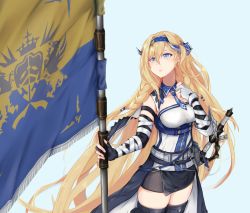 Rule 34 | 1girl, arknights, bare shoulders, black skirt, blonde hair, blue background, blue eyes, blue hairband, blue necktie, braid, breasts, clov3r, commentary request, cowboy shot, elbow gloves, fingerless gloves, flag, gloves, hair between eyes, hairband, hand up, holding, holding flag, horns, kingdom of victoria logo, large breasts, long hair, necktie, parted lips, partial commentary, saileach (arknights), shirt, simple background, skirt, sleeveless, sleeveless shirt, solo, standing, thighs, very long hair, white shirt