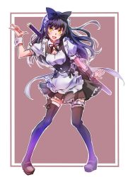 Rule 34 | 1girl, apron, arm up, back ribbon, black hair, black thighhighs, blake belladonna, blush, bow, breasts, card, card background, cleavage, facing viewer, fang, frilled apron, frilled skirt, frilled sleeves, frills, full body, hair bow, hair ornament, hair ribbon, hand up, head tilt, iesupa, katana, leaning forward, long hair, maid, maid apron, maid headdress, mary janes, multicolored clothes, multicolored legwear, open mouth, outside border, pleated skirt, purple thighhighs, ribbon, rwby, sheath, sheathed, shoes, short sleeves, skirt, slit pupils, solo, standing, sword, thigh gap, thighhighs, tongue, waving, weapon, weapon on back, wrist cuffs, yellow eyes