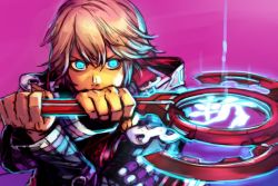 Rule 34 | 1boy, blue eyes, commentary request, holding, hungry clicker, jacket, long sleeves, looking at viewer, magic, male focus, monado, nintendo, pink hair, purple background, shulk (xenoblade), simple background, solo, two-handed, upper body, wand, xenoblade chronicles 1, xenoblade chronicles (series)