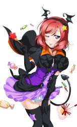 Rule 34 | 1girl, ;p, artist request, bat wings, blush, bow, candy, choker, collarbone, dancing stars on me!, demon tail, dress, elbow gloves, food, gloves, hair ornament, halloween, holding, looking at viewer, love live!, love live! school idol festival, love live! school idol festival after school activity, love live! school idol project, nishikino maki, official art, one eye closed, purple eyes, red hair, short hair, smile, solo, star (symbol), star hair ornament, tail, thighhighs, tongue, tongue out, transparent background, wings, zettai ryouiki