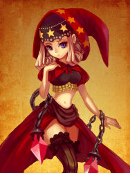 Rule 34 | 1girl, amg192003, blonde hair, chain, crystal, frills, hood, midriff, navel, odin sphere, puffy sleeves, purple eyes, short sleeves, solo, star (symbol), striped clothes, striped thighhighs, thighhighs, velvet (odin sphere), vertical-striped clothes, vertical-striped thighhighs, yellow background, zettai ryouiki
