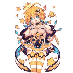 Rule 34 | 1girl, aqua eyes, blonde hair, breasts, crown, hands on own face, head tilt, large breasts, looking at viewer, mamuru, open mouth, short hair, skirt, solo, star (symbol), striped clothes, striped legwear, striped thighhighs, thighhighs, transparent background, twinkle (uchi no hime-sama ga ichiban kawaii), uchi no hime-sama ga ichiban kawaii, underboob