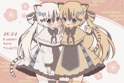 Rule 34 | 2022, 2girls, :d, :o, animal ear fluff, animal ears, asymmetrical legwear, black bow, black hair, black legwear, blue bow, blush, bow, brown bow, brown capelet, brown dress, brown hair, brown legwear, capelet, commentary request, dress, egasumi, fang, floral background, frilled capelet, frills, grey eyes, hair between eyes, hair bow, hand up, hands up, happy new year, highres, long hair, long sleeves, mismatched legwear, multicolored hair, multiple girls, new year, open mouth, original, parted lips, puffy long sleeves, puffy sleeves, siblings, sisters, smile, streaked hair, tail, thighhighs, tiger ears, tiger girl, tiger tail, twins, twintails, very long hair, white bow, white capelet, white dress, white hair, white legwear, yuino ruria