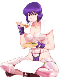 Rule 34 | 1girl, bad id, bad pixiv id, breasts, cleavage, eating, female focus, food, ghost in the shell, ghost in the shell stand alone complex, kusanagi motoko, lafolie, leotard, looking at viewer, purple hair, simple background, sitting, solo, thighhighs, white background