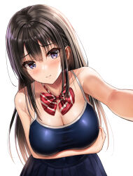 Rule 34 | 1girl, arm under breasts, bare shoulders, black hair, blue eyes, blue one-piece swimsuit, blue skirt, blush, bow, bowtie, breasts, cleavage, closed mouth, commentary request, competition school swimsuit, embarrassed, highres, large breasts, leaning forward, long hair, looking at viewer, no shirt, one-piece swimsuit, original, outstretched arm, pleated skirt, school swimsuit, simple background, skirt, solo, striped bow, striped bowtie, striped clothes, swimsuit, swimsuit under clothes, white background, yukemuriganmo