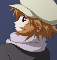 Rule 34 | 00s, aiko harmony, brown eyes, cabbie hat, gad guard, hat, looking back, orange hair, pageboy hat, scarf, short hair, solo, yomi (indigoriver)