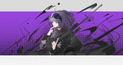 Rule 34 | 1girl, absurdres, andreana (arknights), arknights, black jacket, closed mouth, goggles, goggles on head, grey background, gun, halftone, halftone background, highres, holding, holding gun, holding weapon, jacket, long sleeves, looking away, mask, mask pull, mouth mask, ponytail, purple background, purple hair, rifle, scope, sniper rifle, solo, storia, two-tone background, upper body, weapon