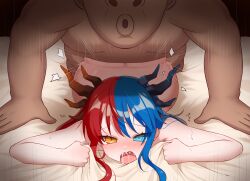 Rule 34 | 1girl, ass, asymmetrical horns, bed, bed sheet, blue eyes, blue hair, blue horns, blush, boy on top, bright pupils, completely nude, dark-skinned male, dark skin, dragon girl, dragon horns, drooling, excessive saliva, from behind, gradient horns, heterochromia, highres, horns, huge ass, inferna dragnis (xoldrek), interracial, long hair, lying, mismatched horns, monster girl, motion lines, multicolored hair, multicolored horns, nude, on stomach, orange eyes, orange horns, original, pale skin, prone bone, red hair, red horns, rough sex, sex, sex from behind, size difference, split-color hair, sweat, symbol-shaped pupils, trembling, two-tone hair, vaginal, white pupils