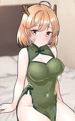 Rule 34 | 1girl, ahoge, alternate costume, bandaid, bandaid on cheek, bandaid on face, bare shoulders, blush, breasts, brown eyes, brown hair, china dress, chinese clothes, cleavage, closed mouth, commentary request, dress, fake horns, furaggu (frag 0416), green dress, hair between eyes, highres, horns, kantai collection, large breasts, oboro (kancolle), on bed, one-hour drawing challenge, pelvic curtain, pillow, short hair, sitting, solo