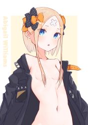 Rule 34 | 1girl, abigail williams (fate), abigail williams (traveling outfit) (fate), bandages, bare shoulders, blonde hair, blue eyes, blush, bow, breasts, coat, fate/grand order, fate (series), forehead, hair bow, highres, kopaka (karda nui), looking at viewer, navel, official alternate costume, open clothes, open coat, open mouth, out-of-frame censoring, short hair with long locks, small breasts, solo