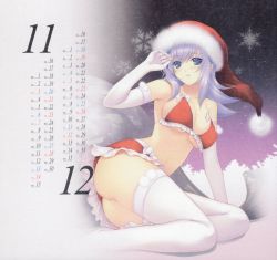 Rule 34 | 1girl, ass, blue eyes, blush, bow, breasts, calendar, christmas, cleavage, covered erect nipples, cryska barchenowa, elbow gloves, frills, gloves, hat, highres, large breasts, lingerie, miyata sou, muv-luv, muv-luv alternative, muv-luv total eclipse, purple hair, santa costume, santa hat, scan, sitting, snowflakes, solo, thighhighs, thighs, underboob, underwear, white gloves, white thighhighs