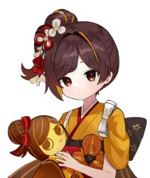 Rule 34 | 1girl, aged down, brown eyes, brown hair, character doll, chiori (genshin impact), commentary, doll, english commentary, genshin impact, hair ornament, highres, holding, holding doll, japanese clothes, kimono, long hair, looking at viewer, miyako draw, multicolored hair, obi, official alternate costume, parted bangs, sash, side ponytail, sidelocks, simple background, solo, streaked hair, tamoto (genshin impact), tasuki, two-tone hair, white background, wide sleeves
