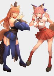 Rule 34 | 2girls, absurdres, animal ear fluff, animal ears, bare shoulders, blue bow, blue kimono, blue thighhighs, blush, bow, breasts, cleavage, cosplay, costume switch, detached sleeves, dh ead, double fox shadow puppet, double v, fang, fate/extra, fate/extra ccc, fate/extra ccc fox tail, fate (series), fox ears, fox girl, fox shadow puppet, fox tail, hair between eyes, hair bow, highres, japanese clothes, kimono, kneehighs, large breasts, long hair, looking at viewer, multiple girls, obi, open mouth, orange eyes, orange hair, pink hair, red legwear, red skirt, sash, scrunchie, shirt, short sleeves, sidelocks, skirt, smile, socks, suzuka gozen (fate), suzuka gozen (fate) (cosplay), tail, tamamo (fate), tamamo no mae (fate/extra), tamamo no mae (fate/extra) (cosplay), thighhighs, thighs, twintails, v, white shirt, wide sleeves, wrist scrunchie, yellow eyes