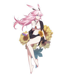 Rule 34 | 1girl, animal ear fluff, animal ears, arm at side, bandeau, bare legs, barefoot, bikini, breasts, cleavage, eyeliner, flower, full body, hair between eyes, highres, holding, holding removed eyewear, honkai (series), honkai impact 3rd, jewelry, long hair, makeup, medium breasts, nail polish, navel, necklace, pink hair, purple eyes, rabbit ears, red nails, shell, shell necklace, sidelocks, simple background, solo, sunflower, sunglasses, swimsuit, sylvia (huajiuhuajiu), toenail polish, toenails, unworn eyewear, white background, white bikini, yae sakura